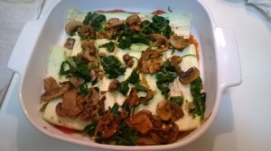 layer sauce, eggplant, mushroom and spinach