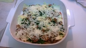 layer sauce, eggplant, mushroom, spinach and cheese